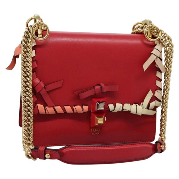 FENDI Mini Canai Chain Shoulder Bag Leather Red Auth bs22672V - Picture 1 of 16